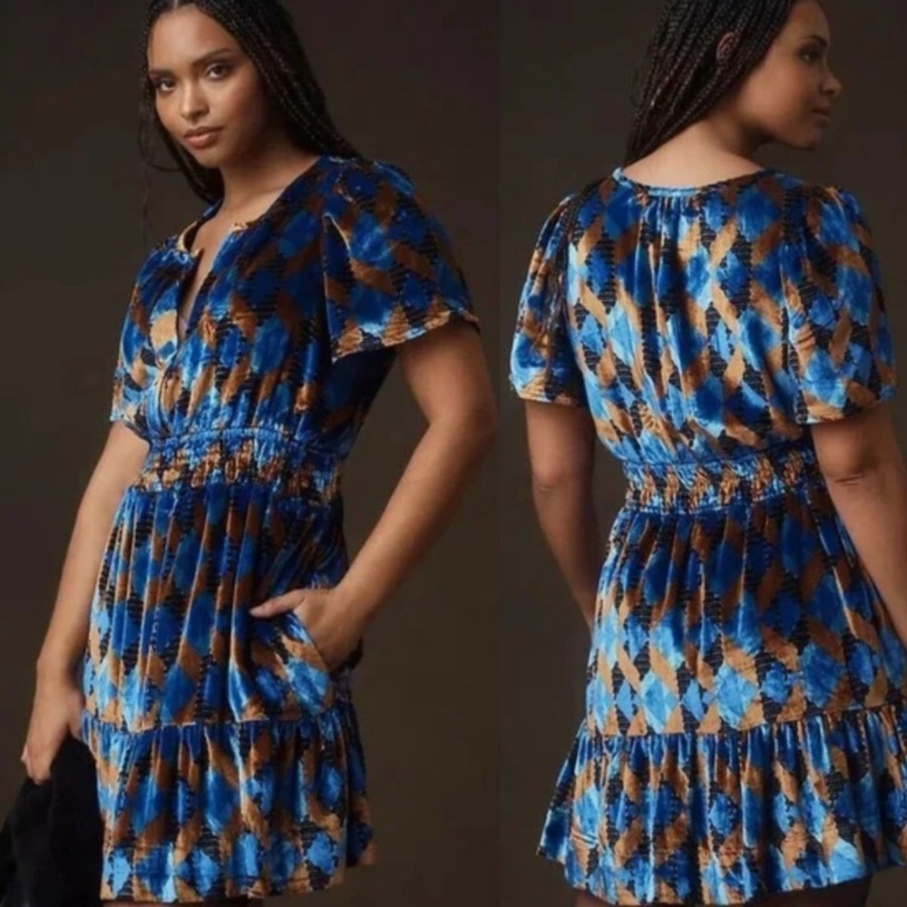 Anthropologie Geometric Blue and Brown Mini Dress